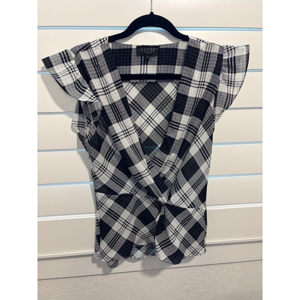 Laundry Shelli Segal Womens Black White Plaid V-Neck Long Sleeve Blouse Size M